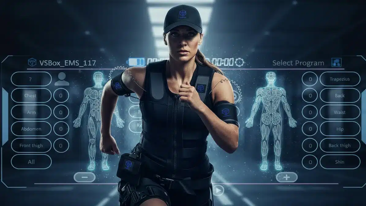 زنی در حال تمرین با لباس الکتریکی EMS نمایان گر سخی و استقامت در تمرین