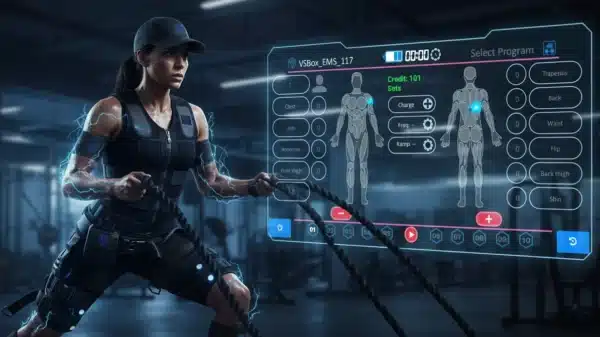 جوان ورزشکار با لباس EMS در باشگاه، با تایپوگرافی "چگونه سریع عضله بسازیم؟