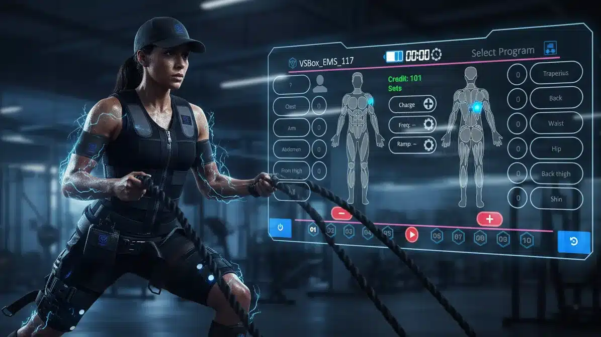 جوان ورزشکار با لباس EMS در باشگاه، با تایپوگرافی "چگونه سریع عضله بسازیم؟